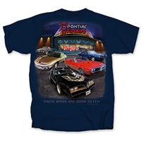 Image of a Pontiac Firebird and Trans Am All Generation Showroom Navy Blue T-shirt