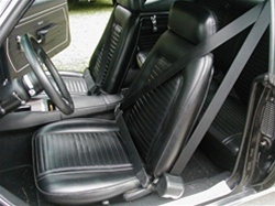 1967 Seatbelts Set, Retractable Shoulder 3 pt. Front, Starburst Buckles with Plain Chrome Buttons and Black Belts