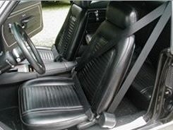 1969 Seatbelts Set, Retractable Shoulder 3 pt. Front, Starburst Buckles with Plain Chrome Buttons and Black Belts