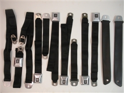 1971 Firebird Seat Belt Set, Front and Rear, Black with Deluxe Stainless Buckles, GM Original Restored