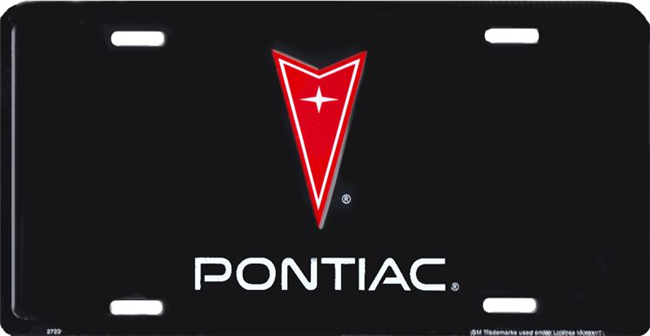 Black Pontiac License Plate with Red Arrowhead Emblem