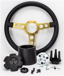 Image of 1969 - 1981 Firebird Trans Am Special Edition Style Lecarra Billet Aluminum and Leather Wrap Formula Steering Wheel 1-1/8" Fat Grip, Black Leather with Gold Spokes Complete Kit