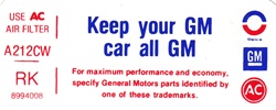 Image of 1975 Firebird Air Cleaner Decal " Keep Your GM All GM " For 455 Models " RK "