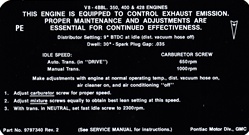 Image of 1969 Firebird or Trans Am Emission Decal, 350 or 400 PE Code, 9797340