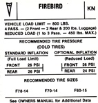 1970 Firebird Tire Pressure Decal