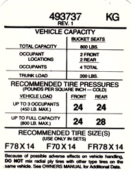 Image of 1974 Firebird Tire Pressure Decal, 14 Inch, 493737 KG Code