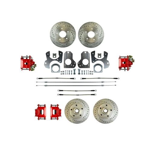 Image of 1982 - 1992 Firebird Front and Rear Disc Brake Kit, Red Calipers, Drilled & Slotted Rotors