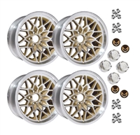 Image of 1978 - 1981 17"x9" Cast Aluminum Firebird Gold Snowflake Wheel Kit with Lug Nuts and Gold Bird Center Caps, Set of 4