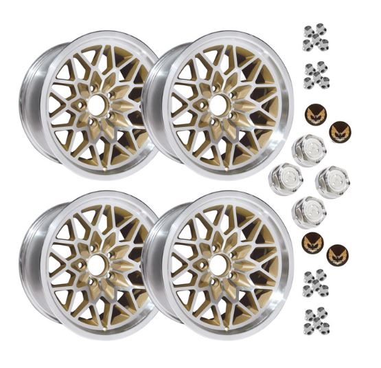 Image of 1978 - 1981 17"x9" Cast Aluminum Firebird Gold Snowflake Wheel Kit with Lug Nuts and Gold Bird Center Caps, Set of 4