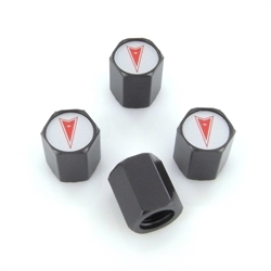 Image of Black Finish with Red Pontiac Arrow Head Crest Logo Valve Stem Cap Kit
