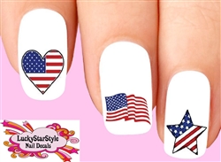4th of July Fireworks, Flag & Heart Assorted Set of 20 Waterslide Nail Decals