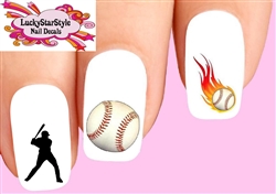 Baseball Player Flames Assorted Set of 20 Waterslide Nail Decals