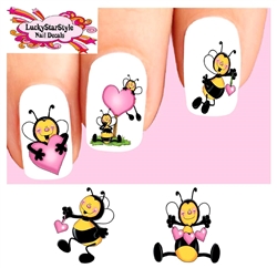 Cute Bees with Pink Hearts Assorted Set of 20 Waterslide Nail Decals