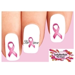 Pink Breast Cancer Awareness Ribbon Believe Assorted Set of 20 Waterslide Nail Decals