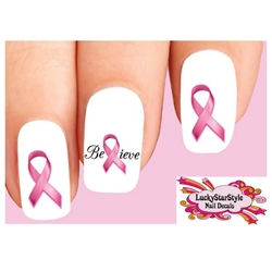 Pink Breast Cancer Awareness Ribbon Believe Assorted Set of 20 Waterslide Nail Decals