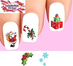 Christmas Holiday, Santa, Candy Cane, Holly, Snowflakes Assorted #1 Set of 20 Waterslide Nail Decals