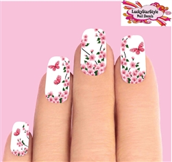 Pink Cherry Blossoms & Butterflies Set of 10 Waterslide Full Nail Decals