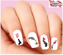 Gun Pistol Love Hearts Assorted Set of 20 Waterslide Nail Decals