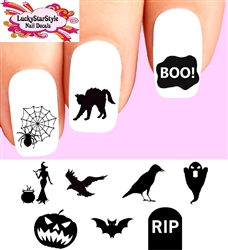 Halloween Silhouettes Witch Spider Bat Assorted Set of 20 Waterslide Nail Decals