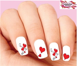 Red Hearts with Swirls Scrolls Assorted Set of 20 Waterslide Nail Decals