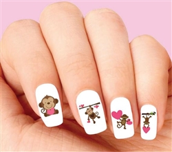 Cute Monkey with Pink Hearts Assorted Set of 20 Waterslide Nail Decals