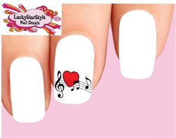 Musical Notes Treble Clef with Heart Set of 20 Waterslide Nail Decals