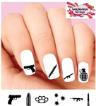 Weapons Gun Knife Bullet Grenade Assorted Set of 20 Waterslide Nail Decals