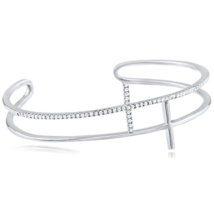 Silver Double Cross Bangle with CZ