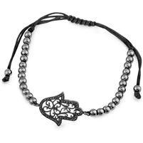 Adjustable Hamsa Bead Brass Bracelet With Micro Set Black CZ