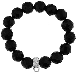 Stretch Bracelet with Crystal Charm Enhancer - 12mm Black Onyx Faceted Beads