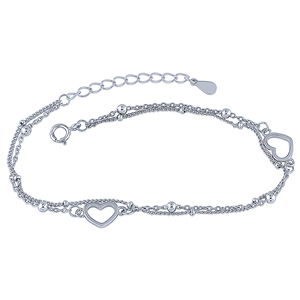 Plain Sterling Silver Double Chain and Heart Bracelet
