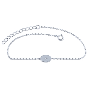 Sterling Silver Link Bracelet with Oval Disk and Cubic Zirconia