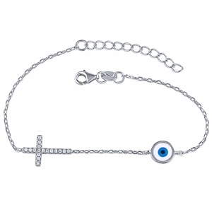 Silver Cross and Evil Eye Bracelet with CZ