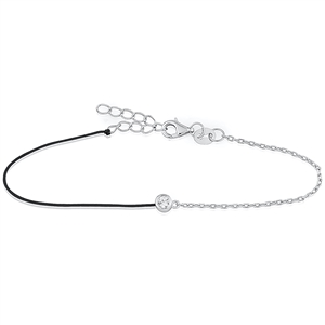 Silver Bracelet with CZ and Black Cord