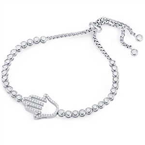 Silver Hamsa Bracelet Fit Wrist with CZ