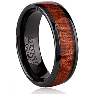 Black Ceramic Ring-8mm with Hawaiian Koa Wood Inlay