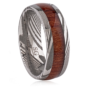 Damascus Steel Wedding Ring 8mm Wide with Padauk Wood Inlay
