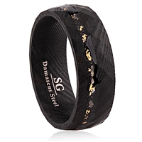 Black Damascus Steel Wedding Ring 8mm Wide with Meteorite, Gold Leaf and Sandstone