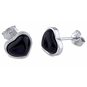 Plain Silver Heart Stud Earrings with Black Onyx