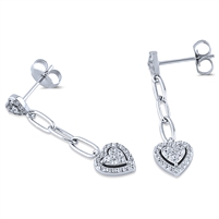 Sterling Silver Drop Link Earrings with Hearts and Cubic Zirconia