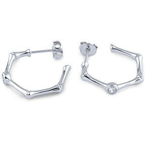 Silver Bamboo Hoop Earrings With CZ stone