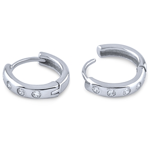 Silver Huggie Earrings with White CZ Stones