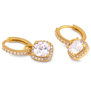 Silver Huggie Earrings with White CZ Stones and Yellow Gold Plating