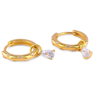 Silver Huggie Earrings with Pear and Round Shaped CZ Stones - Gold Plated