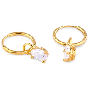 Silver Huggie Earrings with Oval CZ Stones - Yellow Gold Plated