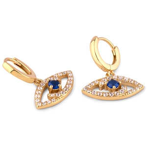 Silver Huggie Evil Eye Earrings with Sapphire Blue CZ Center / White CZ Accents - Yellow Gold Plated