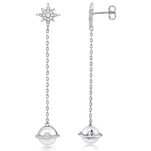 Silver Faux Pearl Earring with CZ