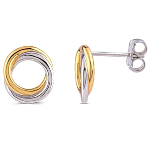 Plain Silver Double Circle Stud Earrings with Rhodium and Yellow Gold Plating