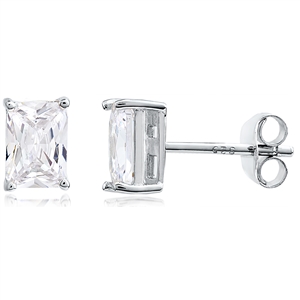 Silver Stud Earrings - Emerald Cut CZ