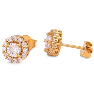 Silver Halo Stud Earrings with White CZ Stones and Yellow Gold Plating